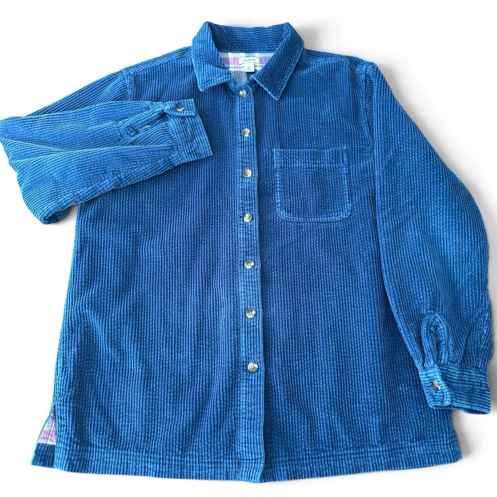 VTG LL Bean Corduroy Shirt Jacket Men M Blue Cotton Flannel Lined Work Shacket